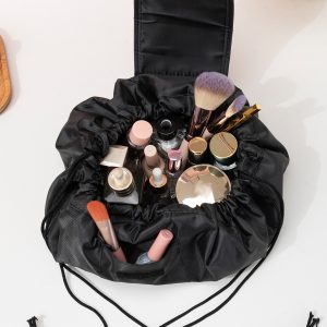 1pc Black Drawstring Travel Storage Large Opening Makeup Bag For Women Girls